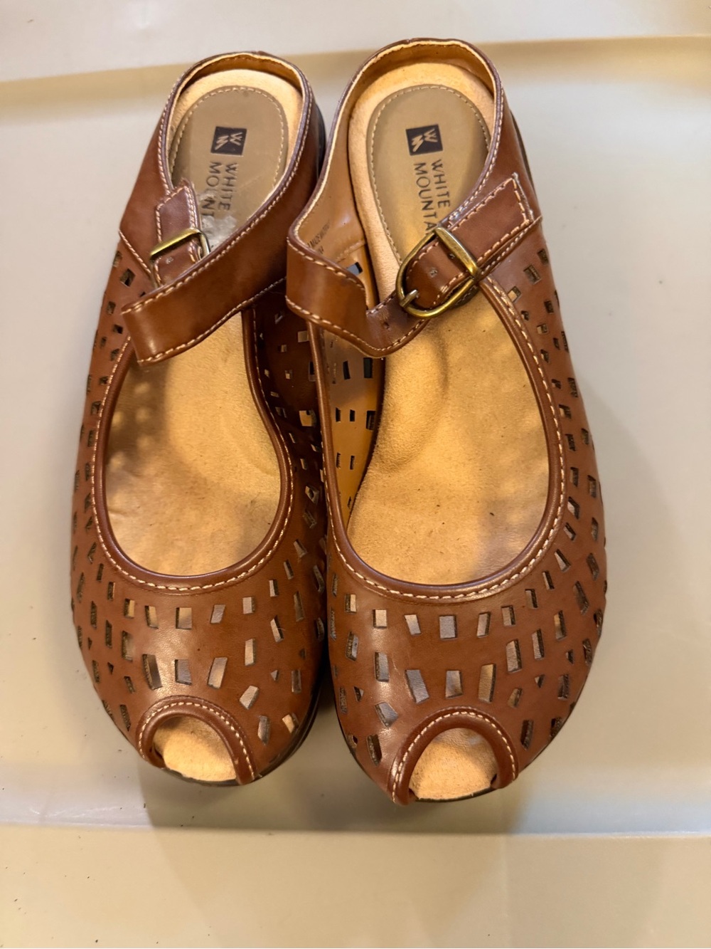 White Mountain Tan Brown Perforated Peep-Toe Mary Jane Mules